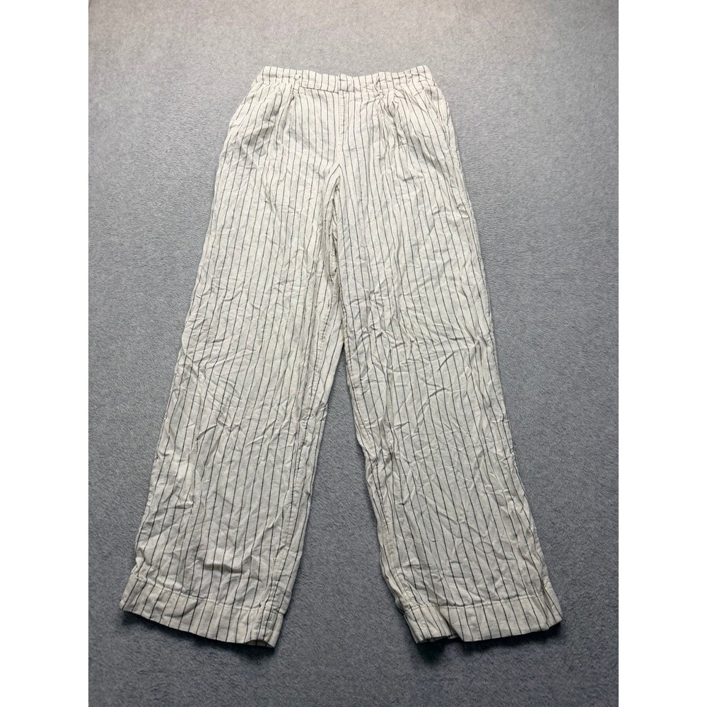 Cream Navy Striped Wide Leg Pants High Rise Elastic Waist Trousers Women Size M